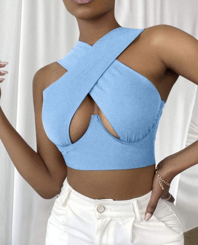 Criss Cross Halter Tops for Women Long Sleeve Cutout Wrap Crop Top