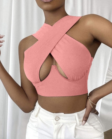 Women's Crisscross Cut Out Vest Halter Wrap Crop Top Solid Sleeveless Sexy  Cami Tank Tops Vest 