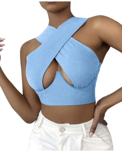 Women's Crisscross Cut Out Vest Halter Wrap Crop Top Solid
