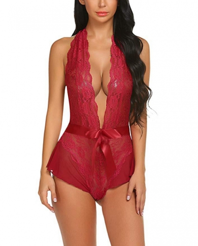 Women Sheer Lingerie Hollow Out V Neck Lace Bodysuit Sleeveless