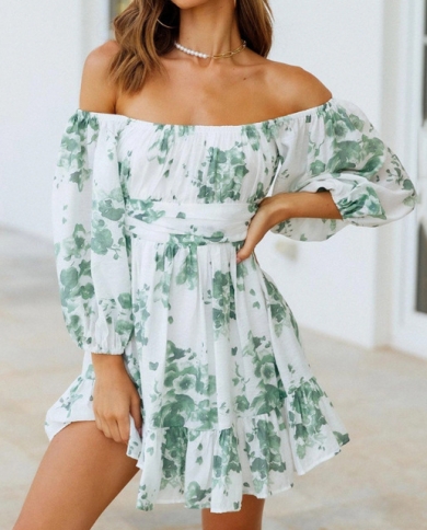 Mortilo Women's Casual Dress Summer Dresses for Women 2022 Beach Off  Shoulder Tunic Casual Loose Fit Bell Sleeve Mini Floral Dress women  clothing XL Green 