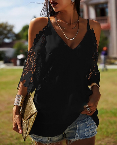 Off Shoulder Lace Patchwork Shirt 