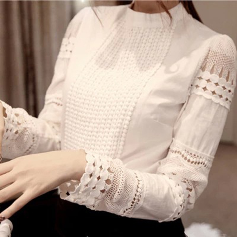 Lace Patchwork White Shirt Women Spring O Neck Long Sleeve Hook
