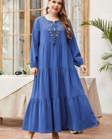 Muslim Fashion Long Sleeved Dress Solid Color Multi Layer Pleated Stitching  Big Swing Embroidered Long Pakistani Dress A size L Color Dark Blue