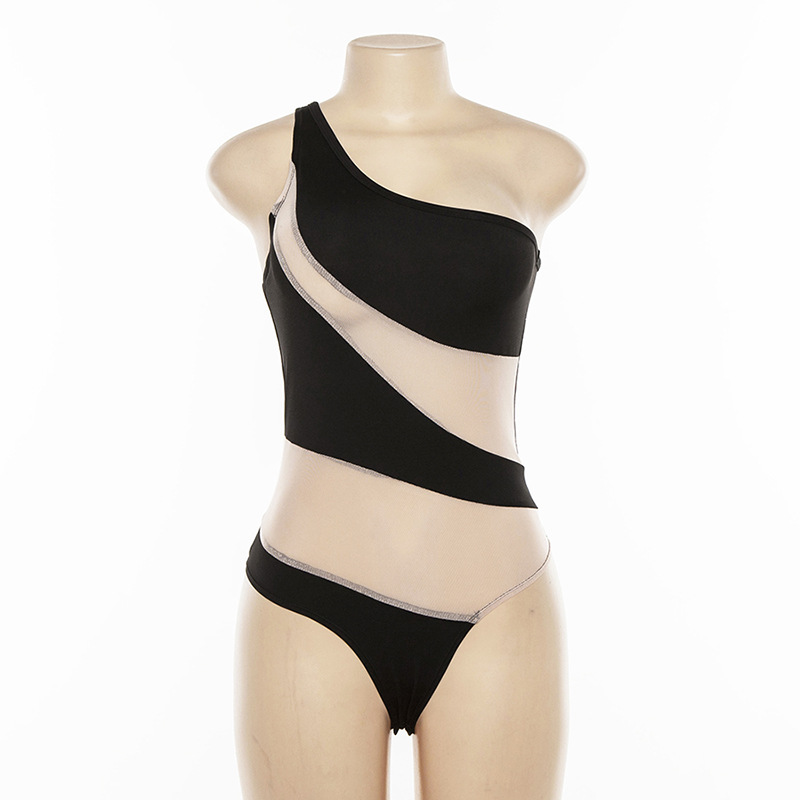 ₪91-Boofeenaa Bodysuit Women Sheer Mesh Patchwork Black One Shoulder  Bodysuits Tops Summer Rave Outfit Beach Swimsuit C83 G-Description
