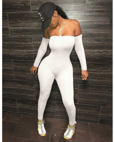 Boofeenaa Off Shoulder Long Sleeve Jumpsuit Women Fall Clothing Sport  Active Wear One Piece Outfit Bodycon Rompers C85 size L Color White