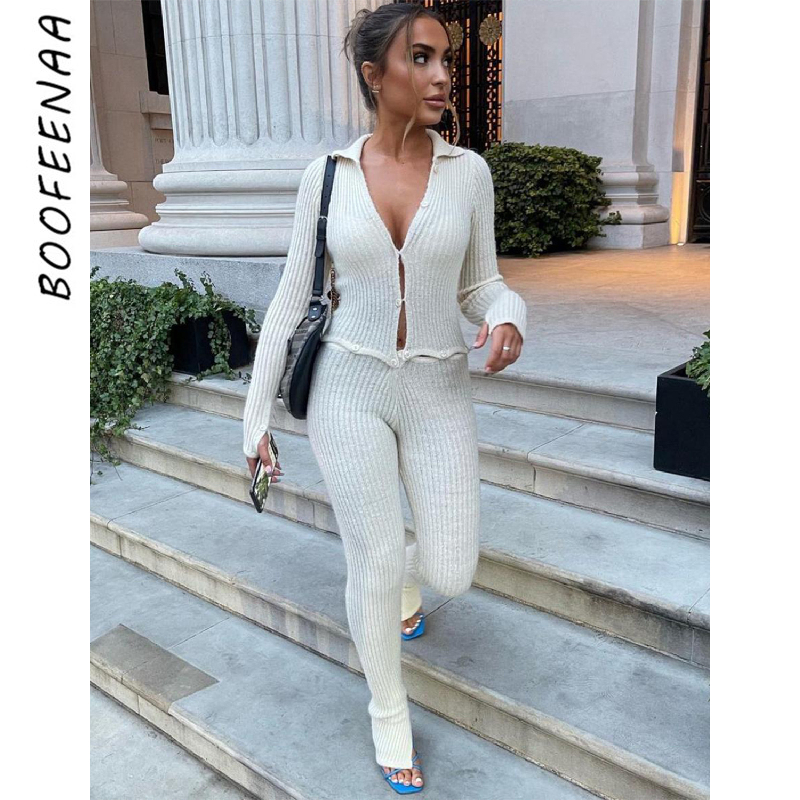 Boofeenaa Button Ribbed Knitted Jumpsuit Two Piece Set Fall Winter Clothes  White Long Sleeve Bodycon Jumpsuits C88 Ge43 size S Color white romper
