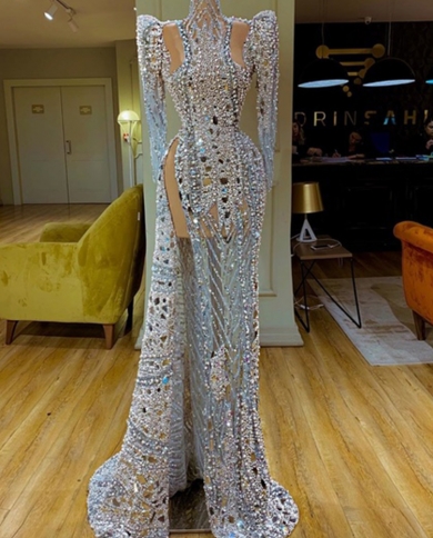 2022 Gorgeous Mermaid Prom Dress High Neck Long Sleeves Sparkly Sequins High Split Gown Dresses Evening Dress Robe De So