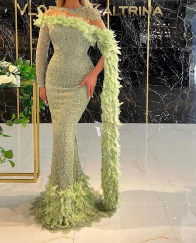 2022   Mermaid Prom High Neck One Shoulder Sparkly Sequins Feather  Long Prom Dresses Evening Dress Robe De Soirée
