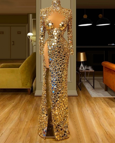 2022  Gold Mermaid Prom Dress Long Sleeves Sparkly Sequins High Split Long Prom Gown Evening Dress  Robe De Soirée