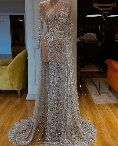 2022  Gray Mermaid Prom Dress High Neck Long Sleeves Sparkly Sequins With Train Gown Dresses Party Dresses Robe De Soir