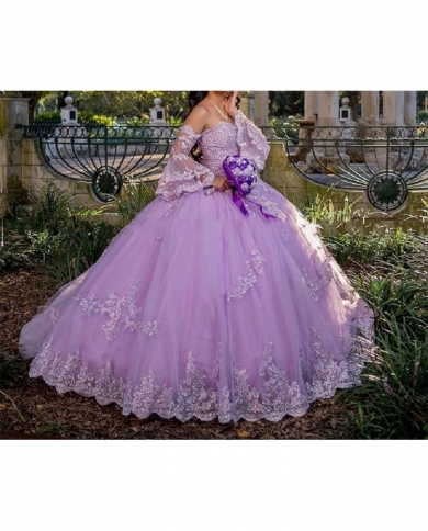 2022 Purple Princess Prom Dresses Strapless Long Sleeves Applique Hand Beaded Occasion Gown Evening Dress Robe De Soiré