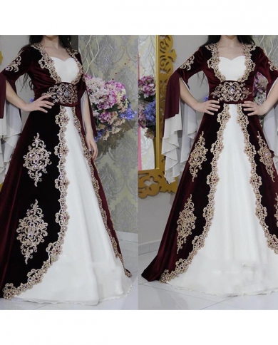 2022  Muslim Evening Dresses A Line V Neck Long Sleeves Gold Beaded Lace Long Prom Gown Robe De Soirée
