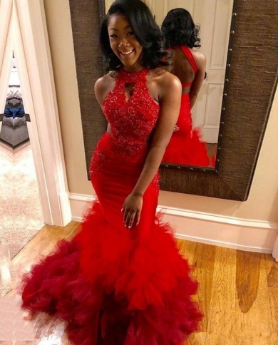 Red Prom Dress Halter Appliques Ruffles Cut Out African  Custom Made Mermaid Evening Dress For Party Gownsprom Dresses