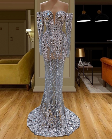 2022  Mermaid Prom Dress Deep V Neck Long Sleeves Sparkly Sequins Long Prom Gown Evening Dress For Women Robe De Soirée