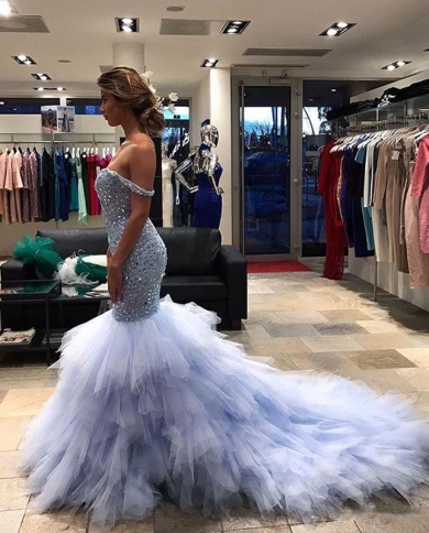 Luxury Crystal Mermaid Prom Dresses  Off Shoulder Sweetheart Court Train Bridal Gowns Sparkly Formal Evening Party Gowns