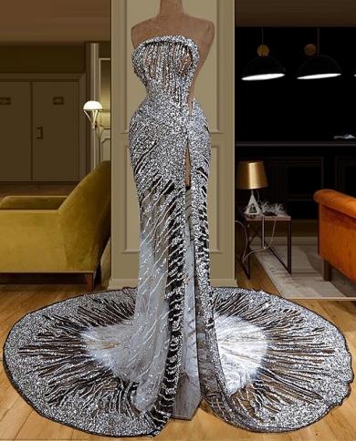 2022 Gorgeous Gray Mermaid Prom Dress Strapless Without Sleeves High Split Sequins Gown Dresses   Robe De Soirée
