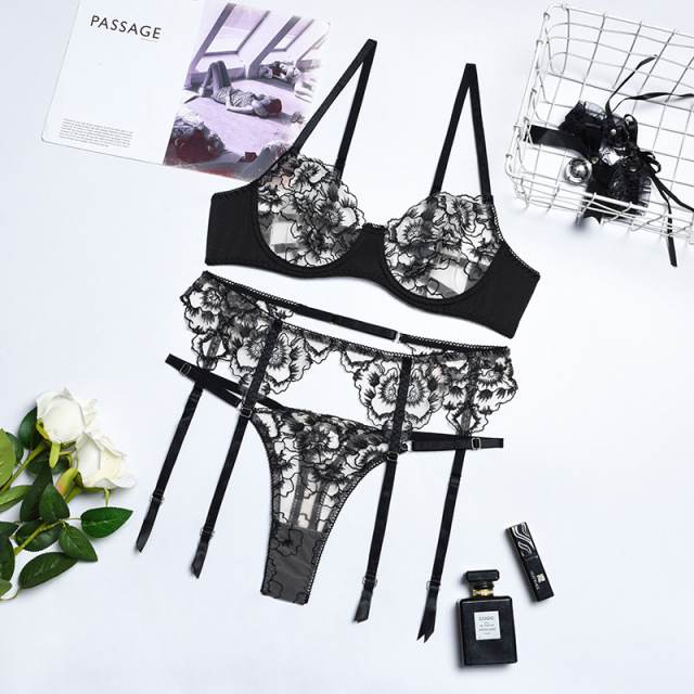 Meikedai Lingerie Transparent Bra Embroidery Underwear Set See Through  Beautiful Exotic Sets Garters Fancy Short Skin Ca Color Black Cup Size L