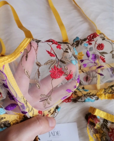 3pcs Women Push Up Bra Floral Embroidery Lingerie Underwear Set