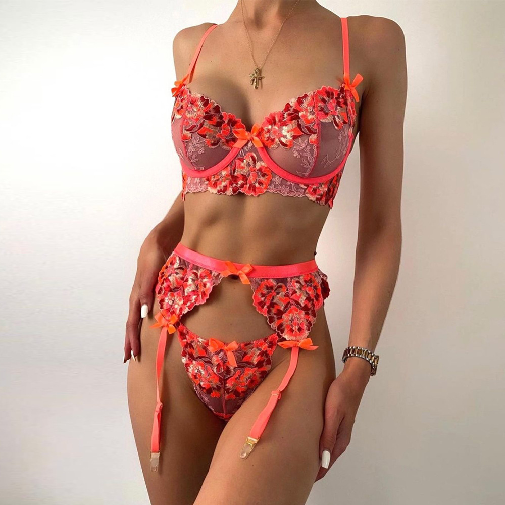 Orange Floral Lingerie Embroidery Womens Underwear Set Fancy Lace