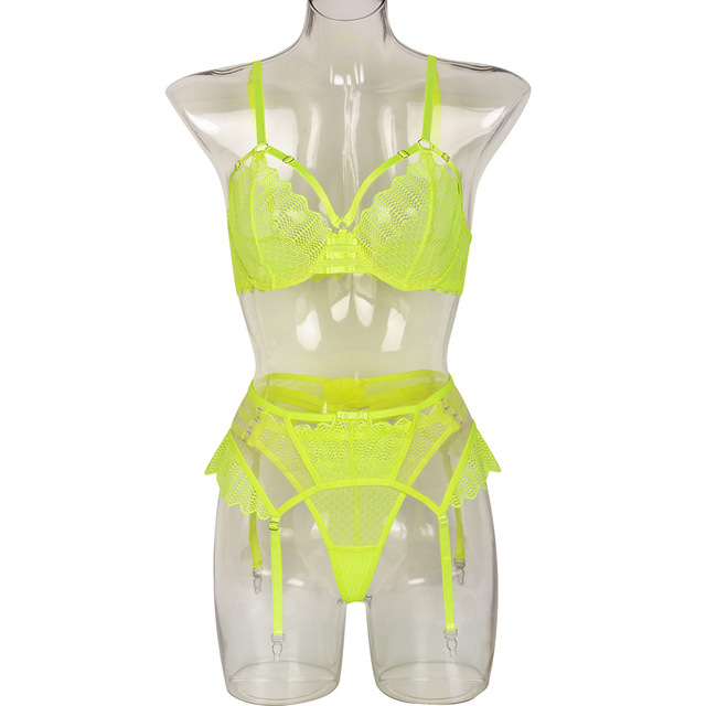 Meikedai Neon Yellow Lingerie Sensual Womens Underwear 3 Pieces Lace Bra  Kit Push Up S Xl Embroidery Breves Sets Garte Cup Size S Color Fluorescent  Yellow