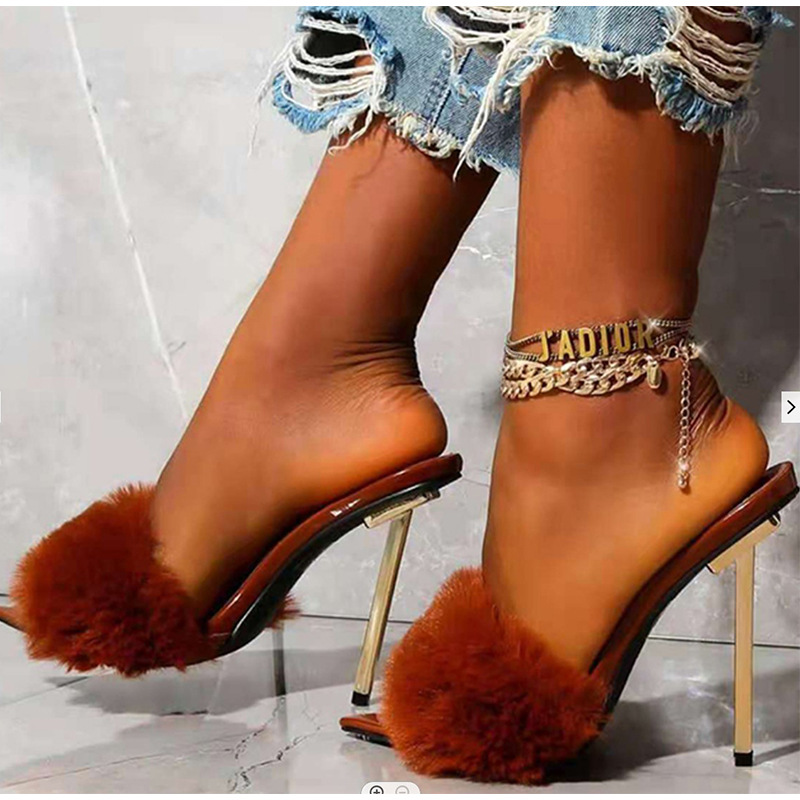 Women Slippers Faux Fur Strappy Mule 