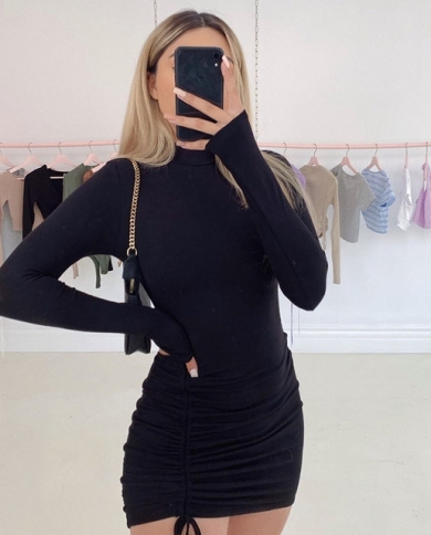 Long Sleeve Ruched Bodycon Dress Women 