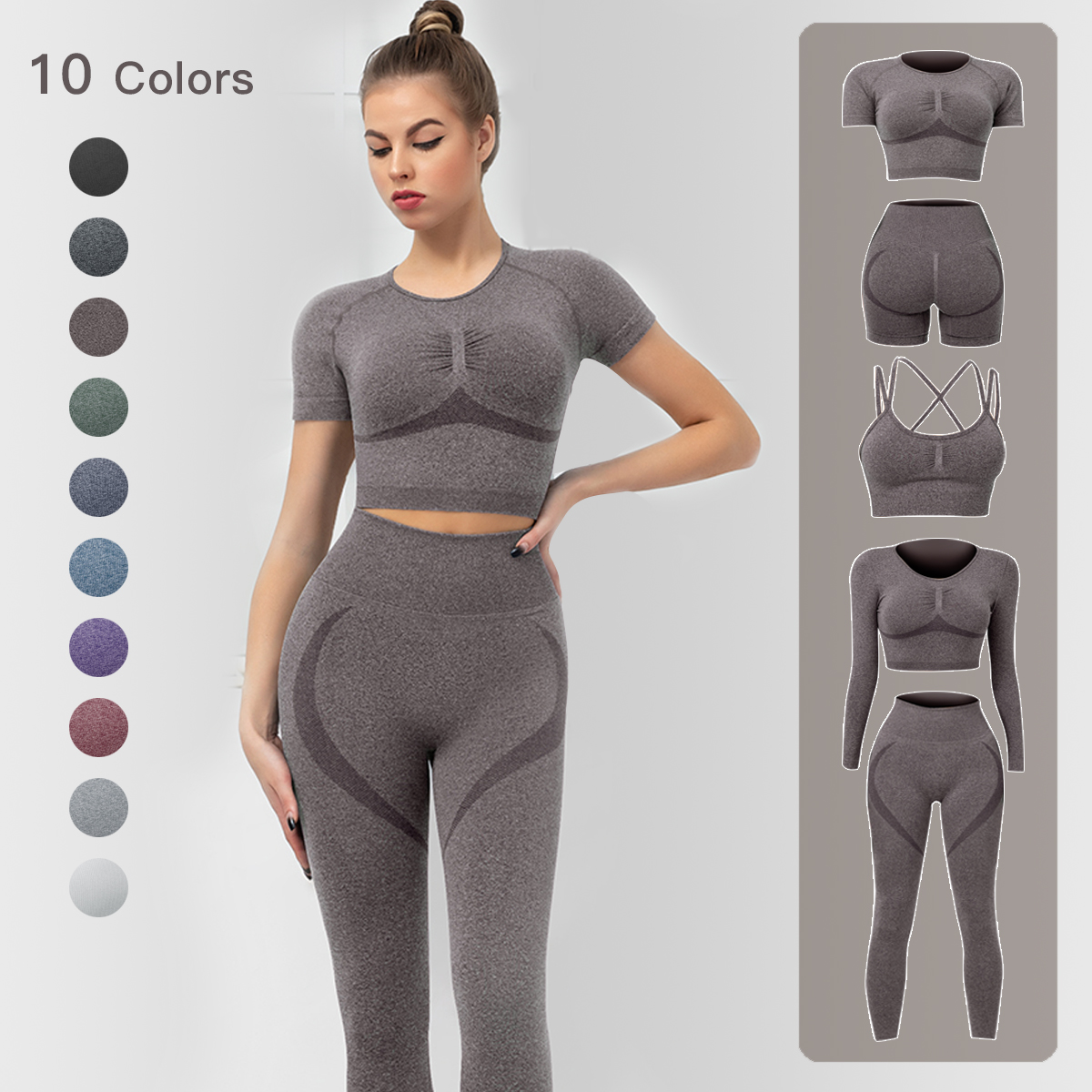 Womens Sportswear Yoga Set Workout Clothes Athletic Wear Sports Gym Legging  Seamless Fitness Bra Crop Top Long Sleeve Y size L Color 9258-WD-Dark grey