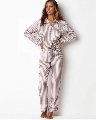 Long Sleeve Pajamas For Women Striped Satin Silk Pajama Set