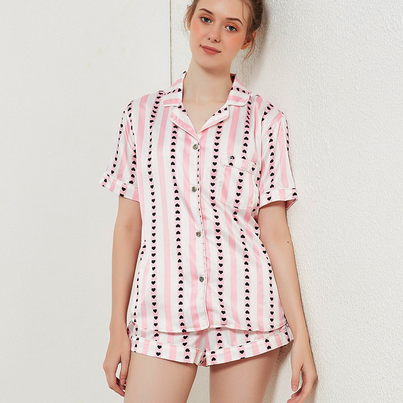 Black Heart Pink Striped Womens Pajamas 