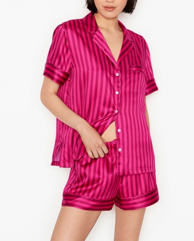 Red Striped Satin Womens Pajamas With 