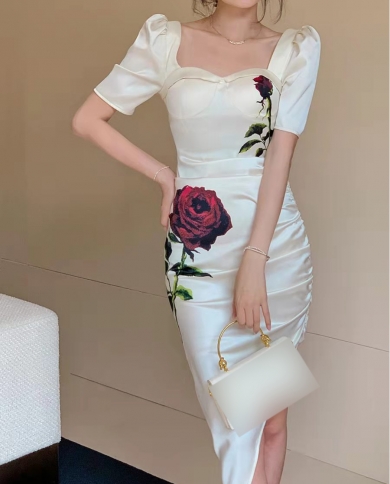 Vintage Satin Rose Midi Dress Elegant 