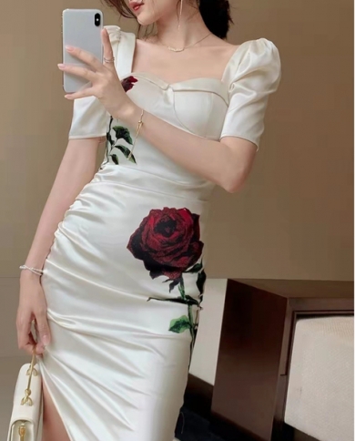 Vintage Satin Rose Midi Dress Elegant 