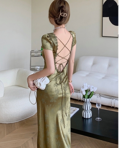 Elegant Women Green Satin Backless Mixi Dress Palace Short Sleeve Lace Vneck Bandage Vintage Bodycon Dress Robe Summer V