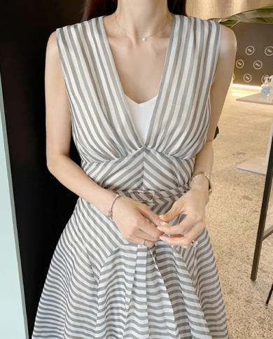 Summer Elegant Womens Striped Mixi Dress  Clothing V Neck Sleeveless A Line Long Dress Fashion Robe Female Vestidosdres