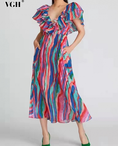 Vgh Loose Vintage Print Colorblock Dress For Women V Neck Sleeve High Waist Patchwork Ruffle Trim Dresses Female Summer 