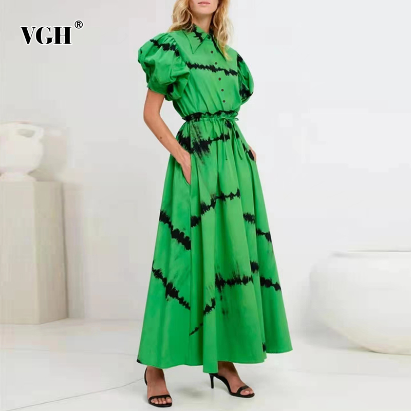Vgh Casual Green Dress For Women Lapel 