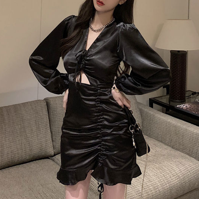Satin Bodycon Dress Womens Straw String 