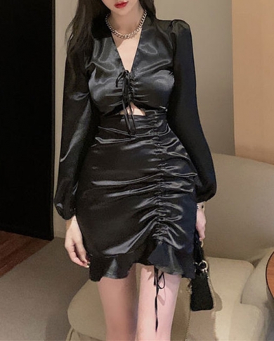 Satin Bodycon Dress Womens Straw String 