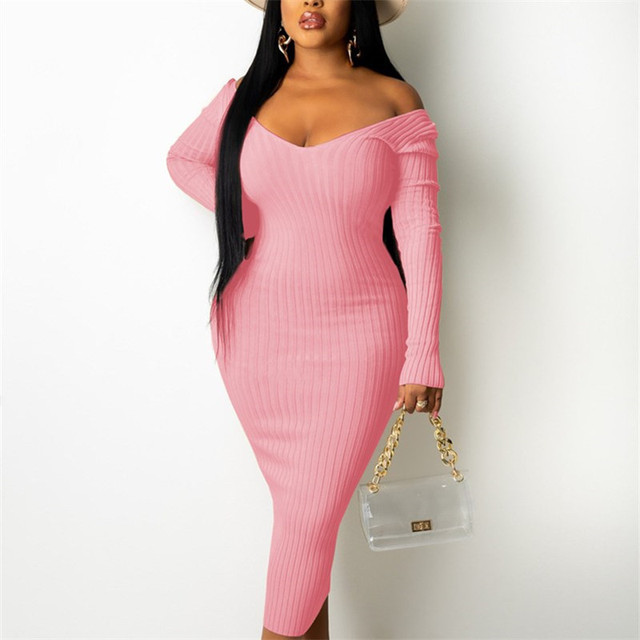 PMUYBHF Fall to Winter Long Dresses for Women Party Pink Womens Long Sleeve  V Neck Split Ribbed Knitted Striped Bodycon Sweater Dress Sweatshirt Dress  Women Hoodie Dress for Women Plus Size 