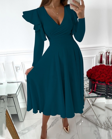Women Casual Long Sleeve Dress Deep V 