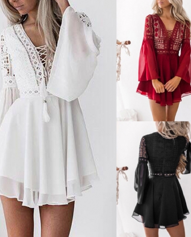 White Lace Dress Women Long Sleeve 