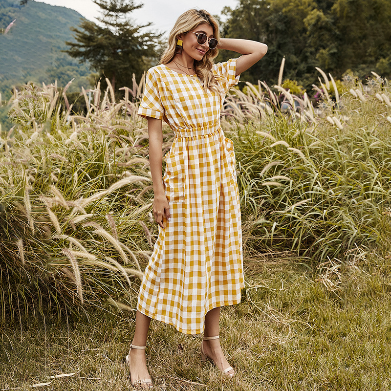 Spring Vintage Slim Plaid Dress Women Backless Big Pocket Elegant Long Dress  For Women New Summer Dressdresses size M Color Yellow