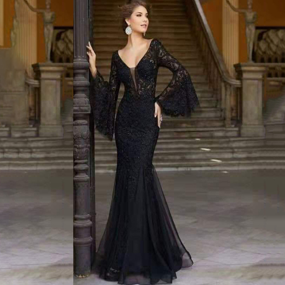 Elegant v neck hot sale long sleeve lace dress