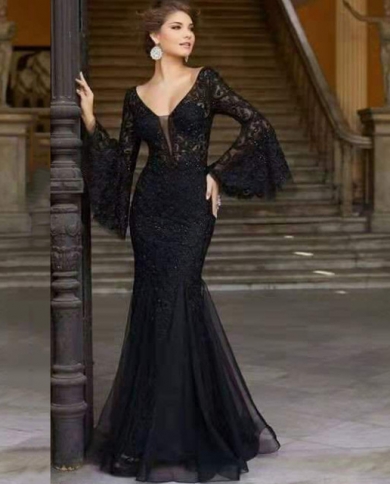 V Neck Long Flare Sleeve Black Lace 
