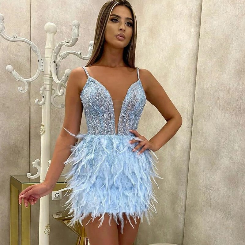 Elegant Blue Short Feather Dress Ladies Banquet Evening Dress