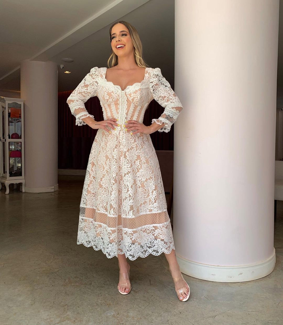 Backless Midi Dress Lace Sleeve O Neck 