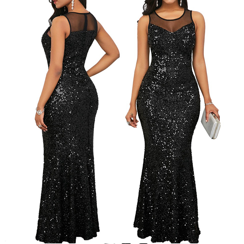 Black sleeveless mesh 2025 panel sequin maxi dress