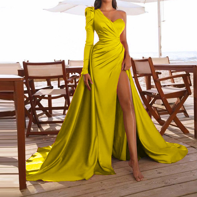 Evening Dresses One Shoulder Dresses for Women Party Robe Soiree Wedding  *22* (Color : Gold, US Size : 12 - Lable Size XL)