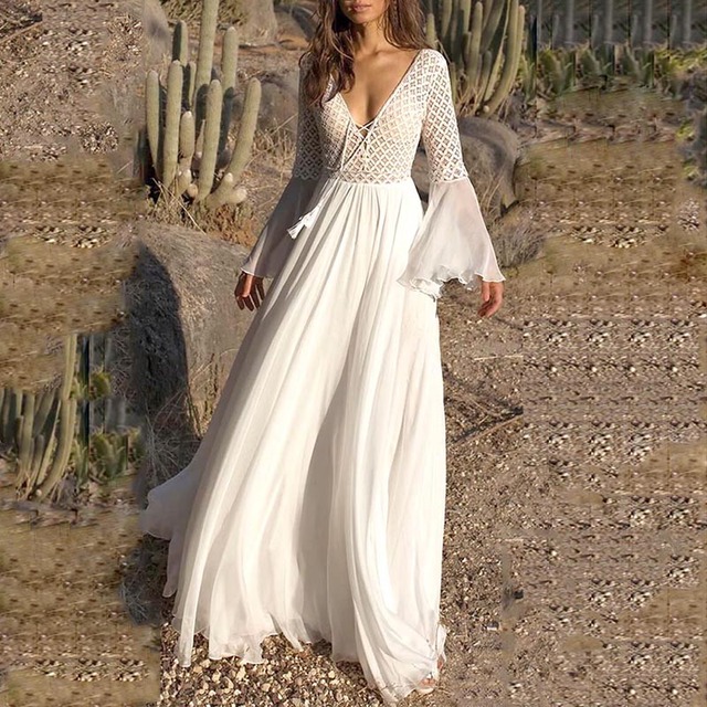 Women Long Flare Sleeve V Neck White 